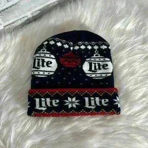 Miller lite winter Christmas themed beanie hat in excellent condition navy‎ blue